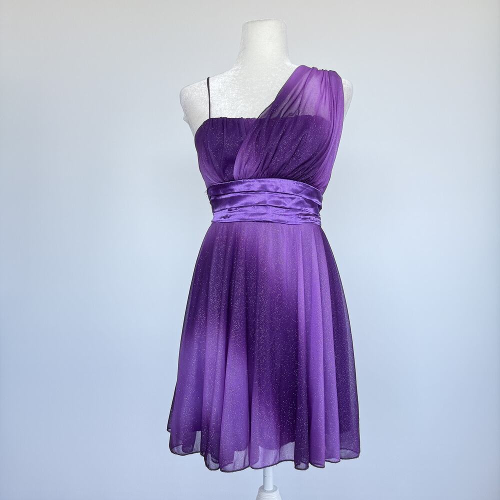 Three Pink Hearts Dress Juniors M Purple One Shoulder Glitter Chiffon Party